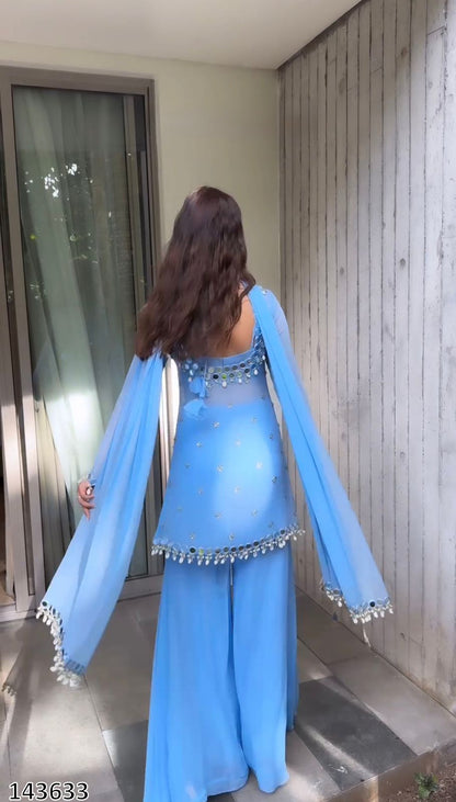 Designer Faux Georgette Top Plazzo Dupatta Set for Women | Thread & Sequin Embroidery with Real Mirror Work | Fully Stitched Festive & Party Wear