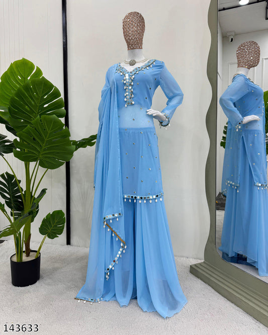 Designer Faux Georgette Top Plazzo Dupatta Set for Women | Thread & Sequin Embroidery with Real Mirror Work | Fully Stitched Festive & Party Wear