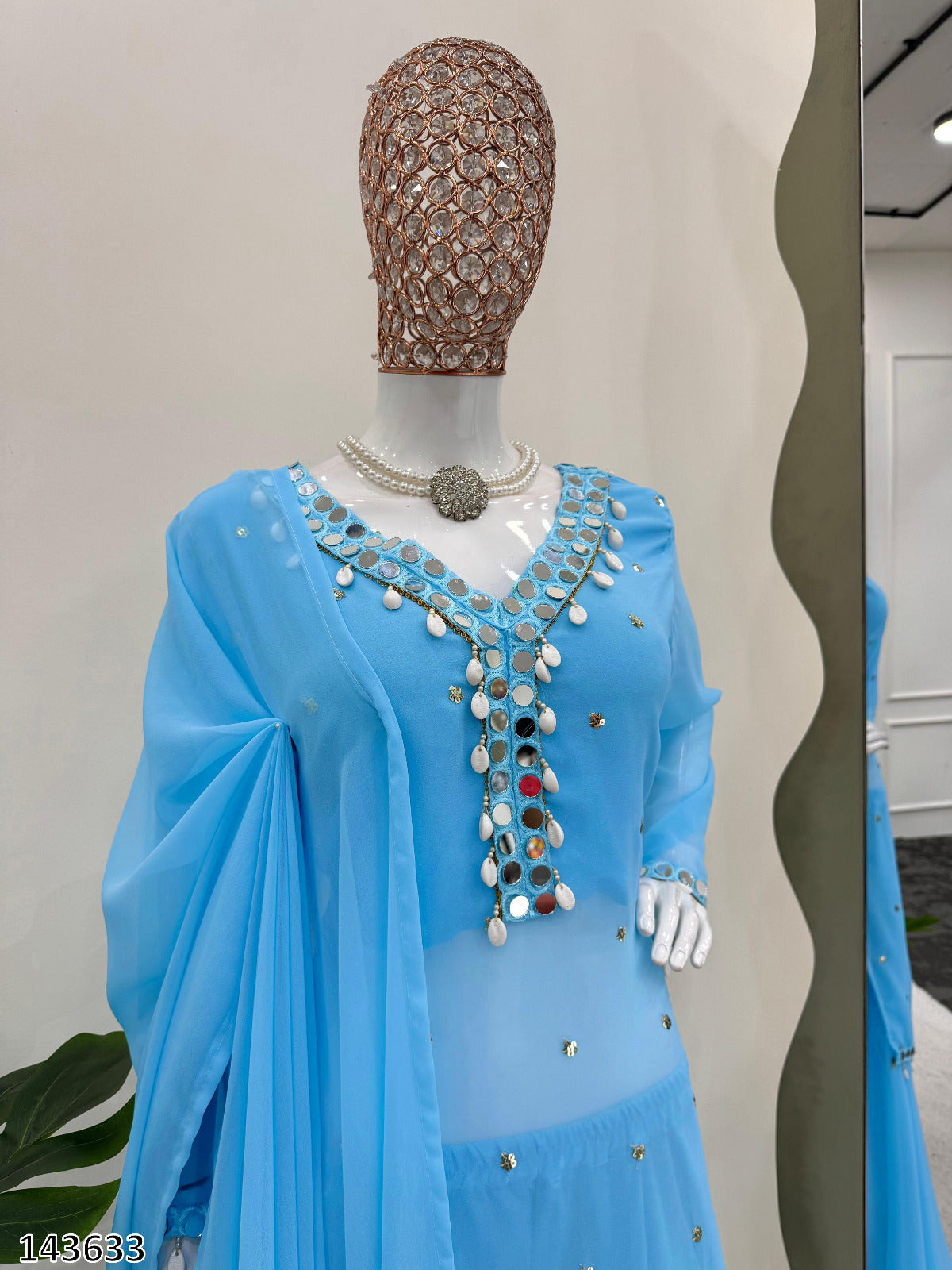 Designer Faux Georgette Top Plazzo Dupatta Set for Women | Thread & Sequin Embroidery with Real Mirror Work | Fully Stitched Festive & Party Wear