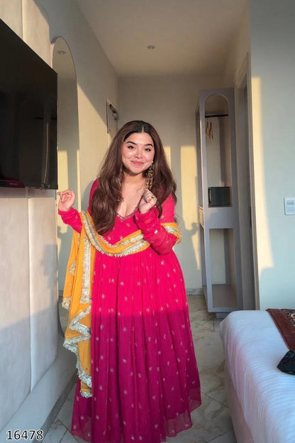 Designer Faux Georgette Embroidered Gown with Dupatta | Ready to Wear Women’s Party & Wedding Wear | 5 Meter Flair | Full Sleeves | Premium Quality