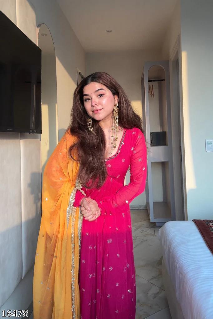 Designer Faux Georgette Embroidered Gown with Dupatta | Ready to Wear Women’s Party & Wedding Wear | 5 Meter Flair | Full Sleeves | Premium Quality