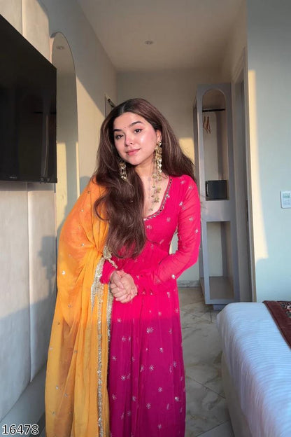 Designer Faux Georgette Embroidered Gown with Dupatta | Ready to Wear Women’s Party & Wedding Wear | 5 Meter Flair | Full Sleeves | Premium Quality