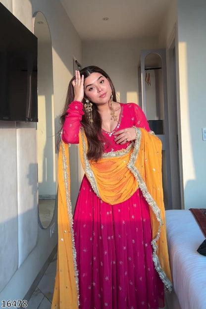 Designer Faux Georgette Embroidered Gown with Dupatta | Ready to Wear Women’s Party & Wedding Wear | 5 Meter Flair | Full Sleeves | Premium Quality