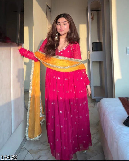 Designer Faux Georgette Embroidered Gown with Dupatta | Ready to Wear Women’s Party & Wedding Wear | 5 Meter Flair | Full Sleeves | Premium Quality