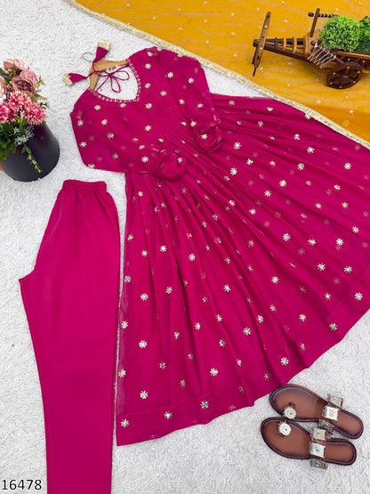 Designer Faux Georgette Embroidered Gown with Dupatta | Ready to Wear Women’s Party & Wedding Wear | 5 Meter Flair | Full Sleeves | Premium Quality