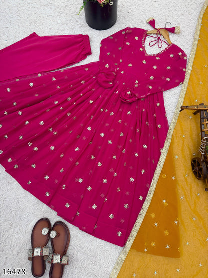 Designer Faux Georgette Embroidered Gown with Dupatta | Ready to Wear Women’s Party & Wedding Wear | 5 Meter Flair | Full Sleeves | Premium Quality