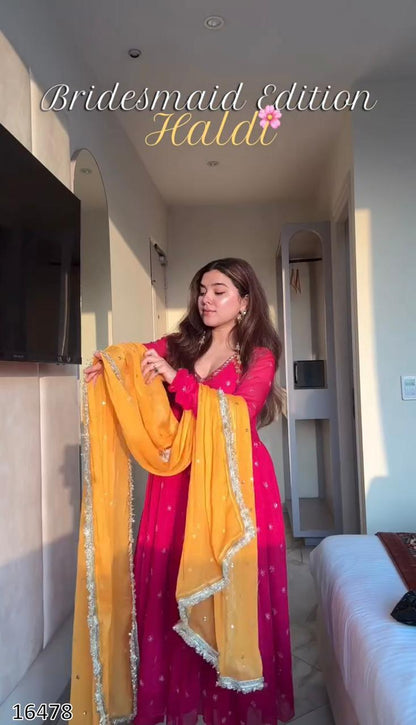 Designer Faux Georgette Embroidered Gown with Dupatta | Ready to Wear Women’s Party & Wedding Wear | 5 Meter Flair | Full Sleeves | Premium Quality