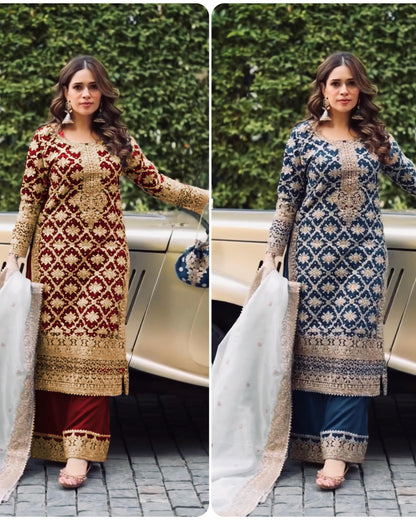 Two images of a woman wearing traditional outfits with intricate patterns in front of a car.