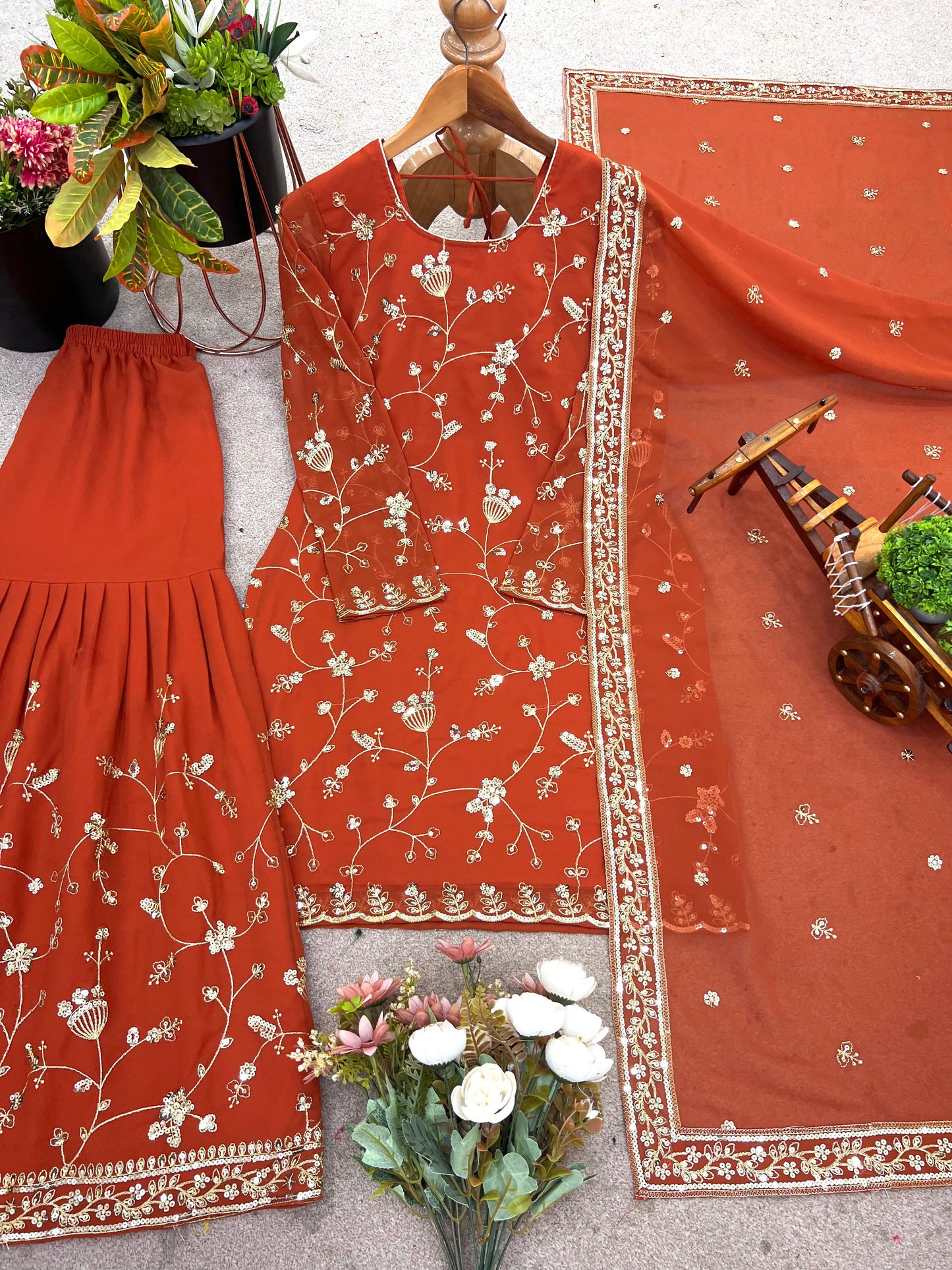 Designer Party Wear Sharara Palazzo Set in Faux Georgette with 5mm Sequins Embroidery, Fully Stitched Top, Palazzo & Dupatta for Wedding & Festive Wear