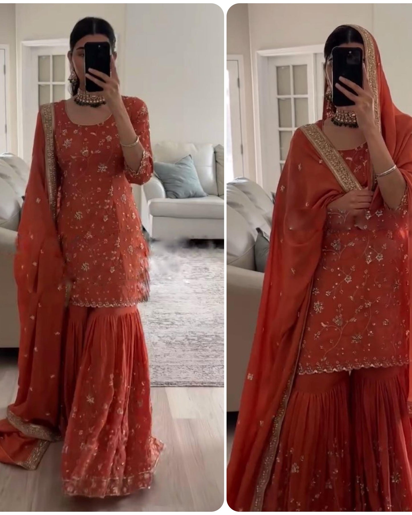 Person wearing an orange traditional outfit with floral patterns in a living room setting.