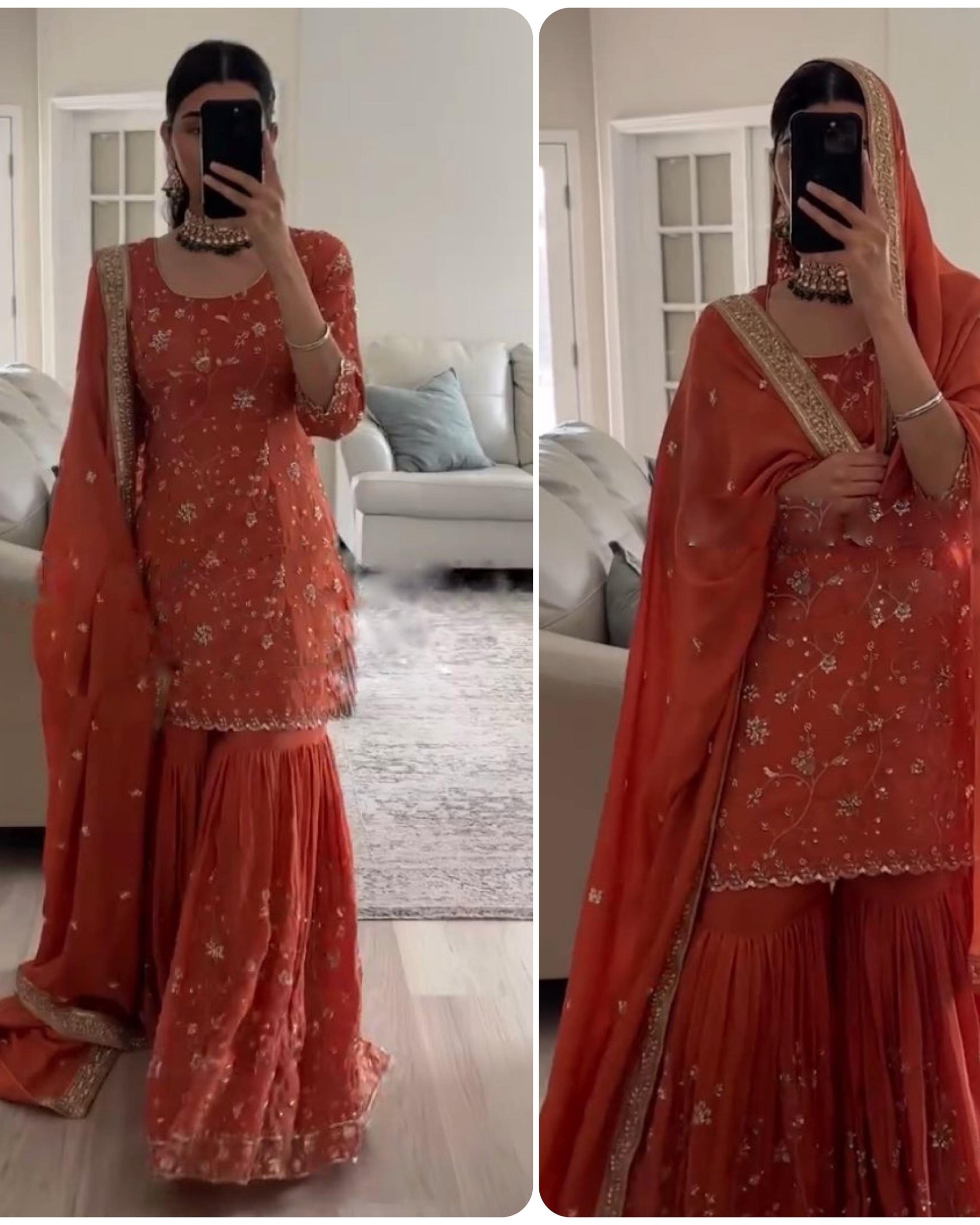 Person wearing an orange traditional outfit with floral patterns in a living room setting.