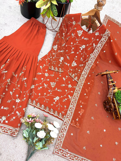 Designer Party Wear Sharara Palazzo Set in Faux Georgette with 5mm Sequins Embroidery, Fully Stitched Top, Palazzo & Dupatta for Wedding & Festive Wear