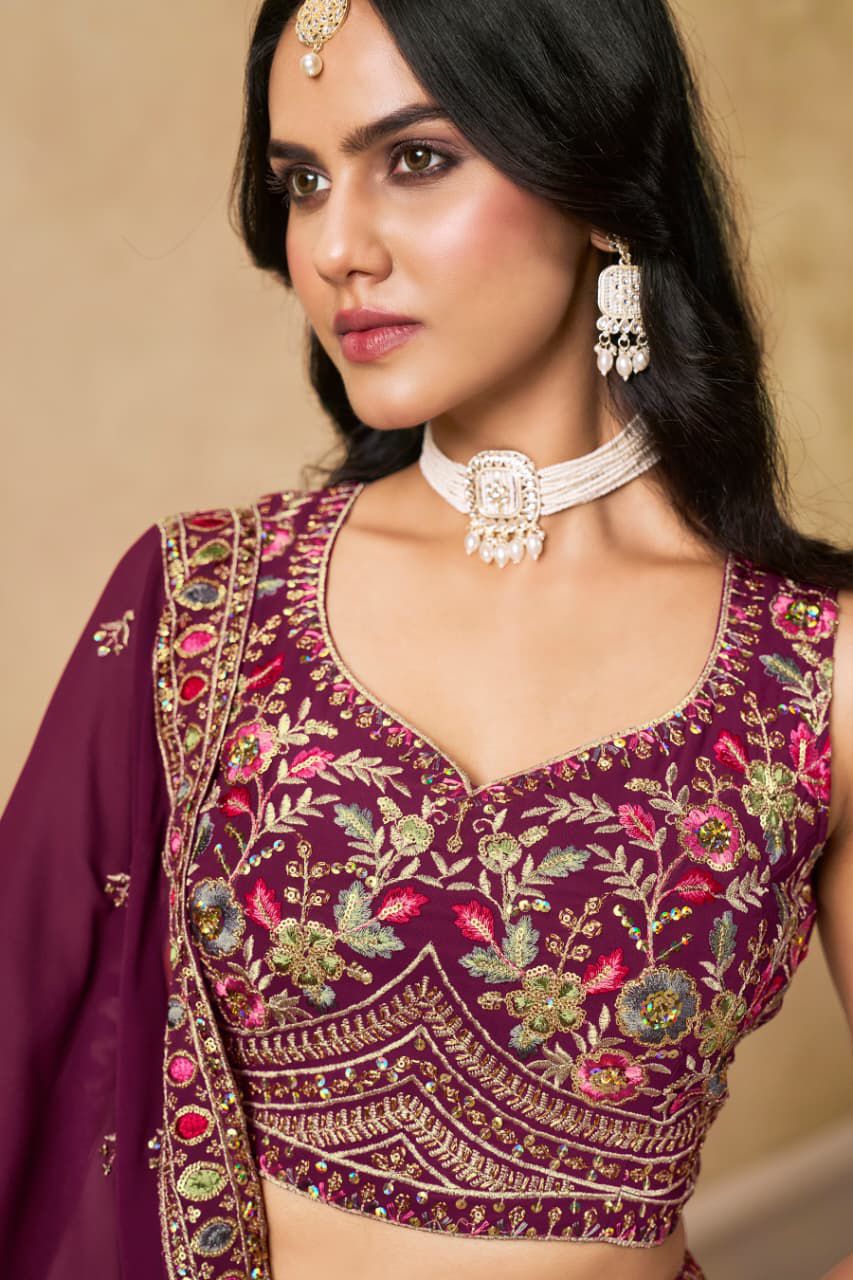 Premium Maroon Designer Georgette Lehenga Choli Set | Sequins & Zari Embroidery | Semi-Stitched