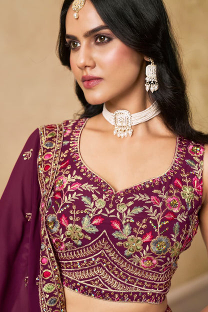 Premium Maroon Designer Georgette Lehenga Choli Set | Sequins & Zari Embroidery | Semi-Stitched
