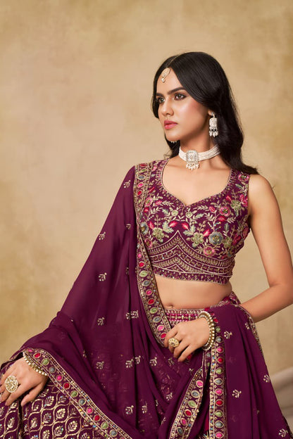 Premium Maroon Designer Georgette Lehenga Choli Set | Sequins & Zari Embroidery | Semi-Stitched