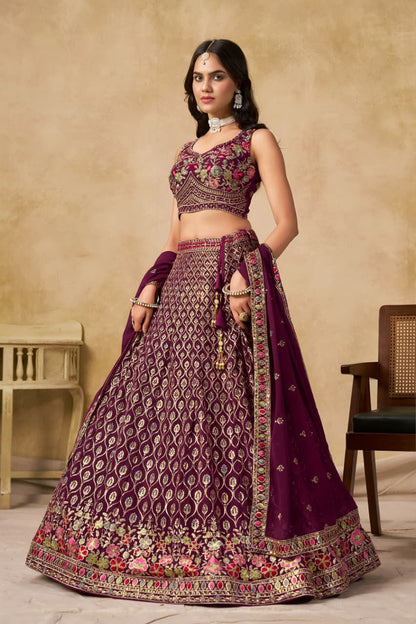 Premium Maroon Designer Georgette Lehenga Choli Set | Sequins & Zari Embroidery | Semi-Stitched
