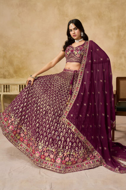 Premium Maroon Designer Georgette Lehenga Choli Set | Sequins & Zari Embroidery | Semi-Stitched