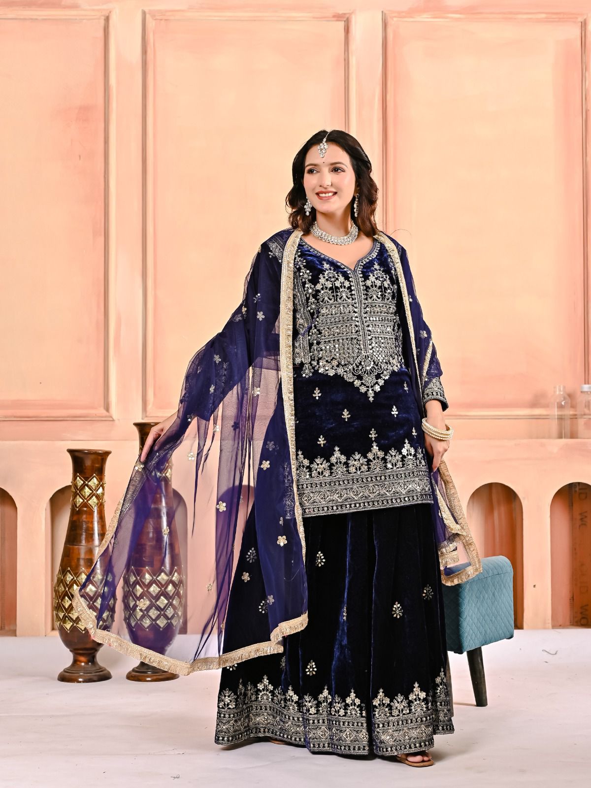 Luxury Designer Velvet Party Wear Sharara Palazzo Set for Women | Embroidery Sequin Work