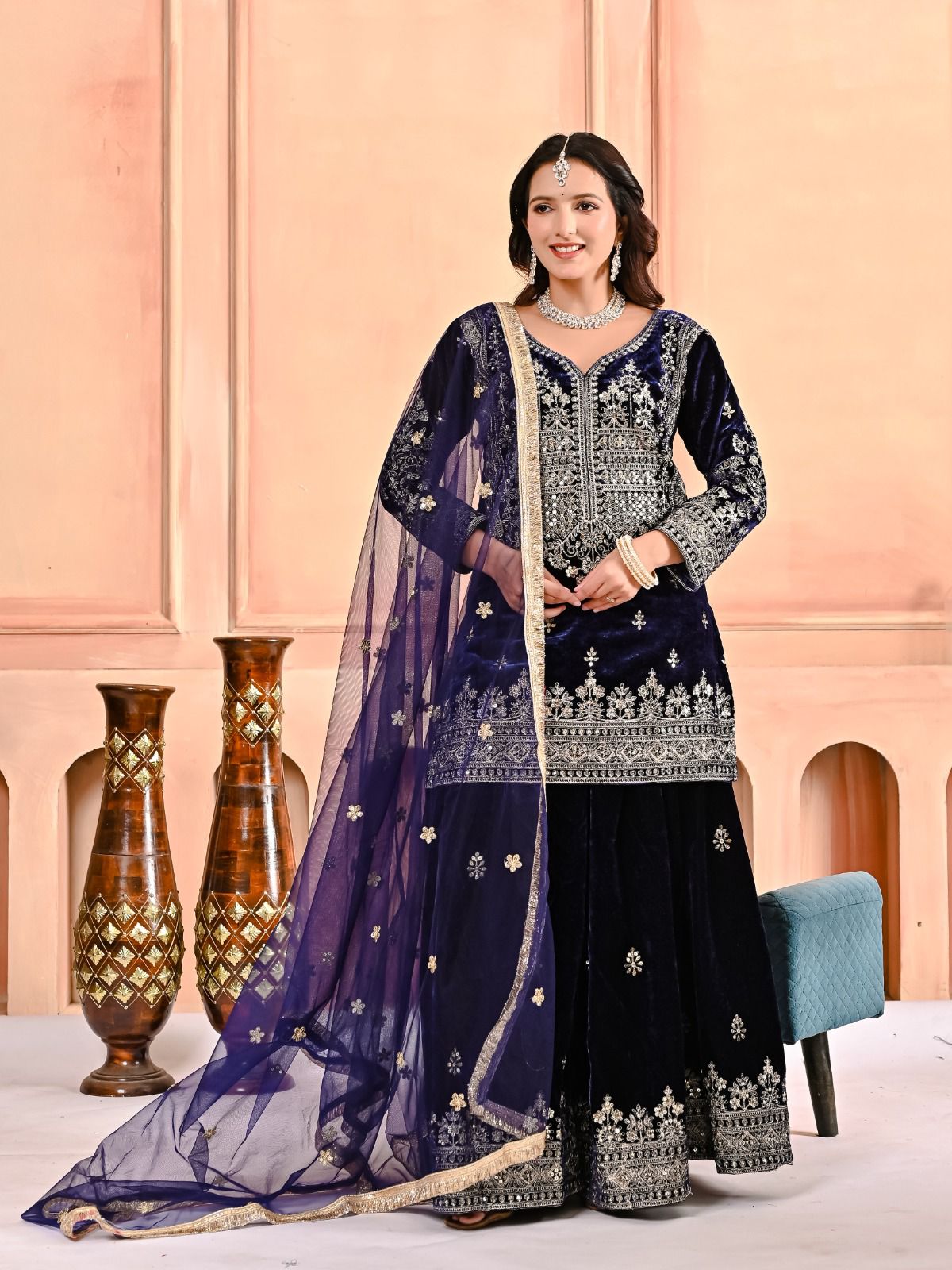 Luxury Designer Velvet Party Wear Sharara Palazzo Set for Women | Embroidery Sequin Work