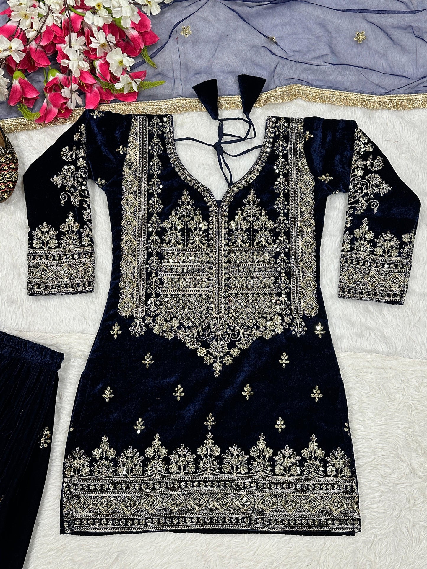 Luxury Designer Velvet Party Wear Sharara Palazzo Set for Women | Embroidery Sequin Work
