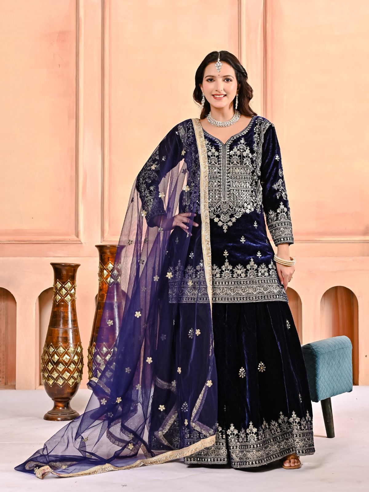 Luxury Designer Velvet Party Wear Sharara Palazzo Set for Women | Embroidery Sequin Work