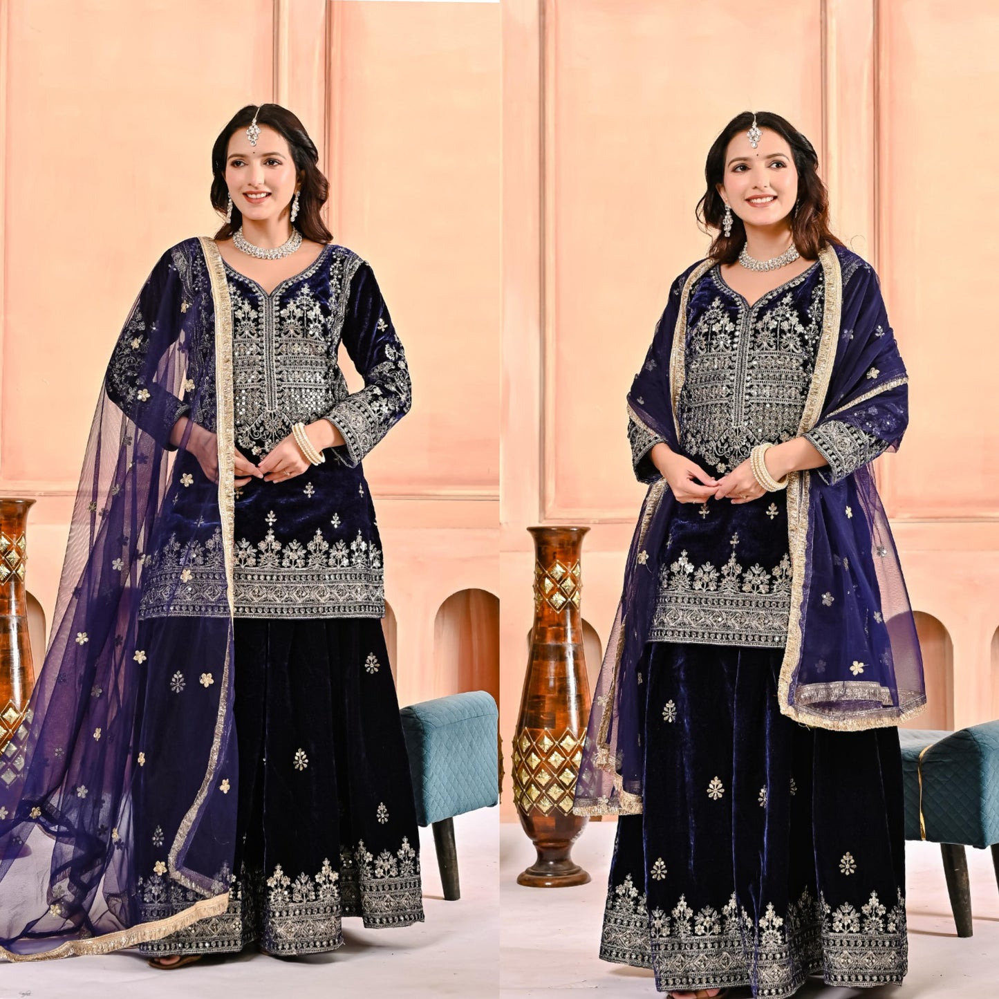 Luxury Designer Velvet Party Wear Sharara Palazzo Set for Women | Embroidery Sequin Work