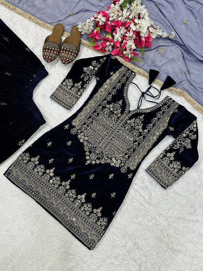 Luxury Designer Velvet Party Wear Sharara Palazzo Set for Women | Embroidery Sequin Work