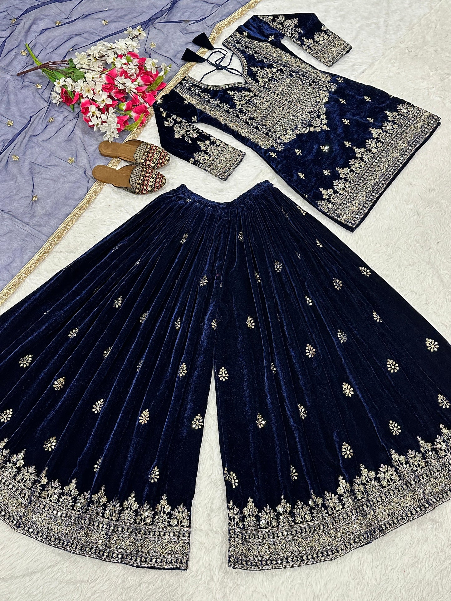 Luxury Designer Velvet Party Wear Sharara Palazzo Set for Women | Embroidery Sequin Work