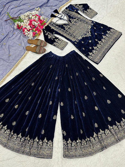 Luxury Designer Velvet Party Wear Sharara Palazzo Set for Women | Embroidery Sequin Work