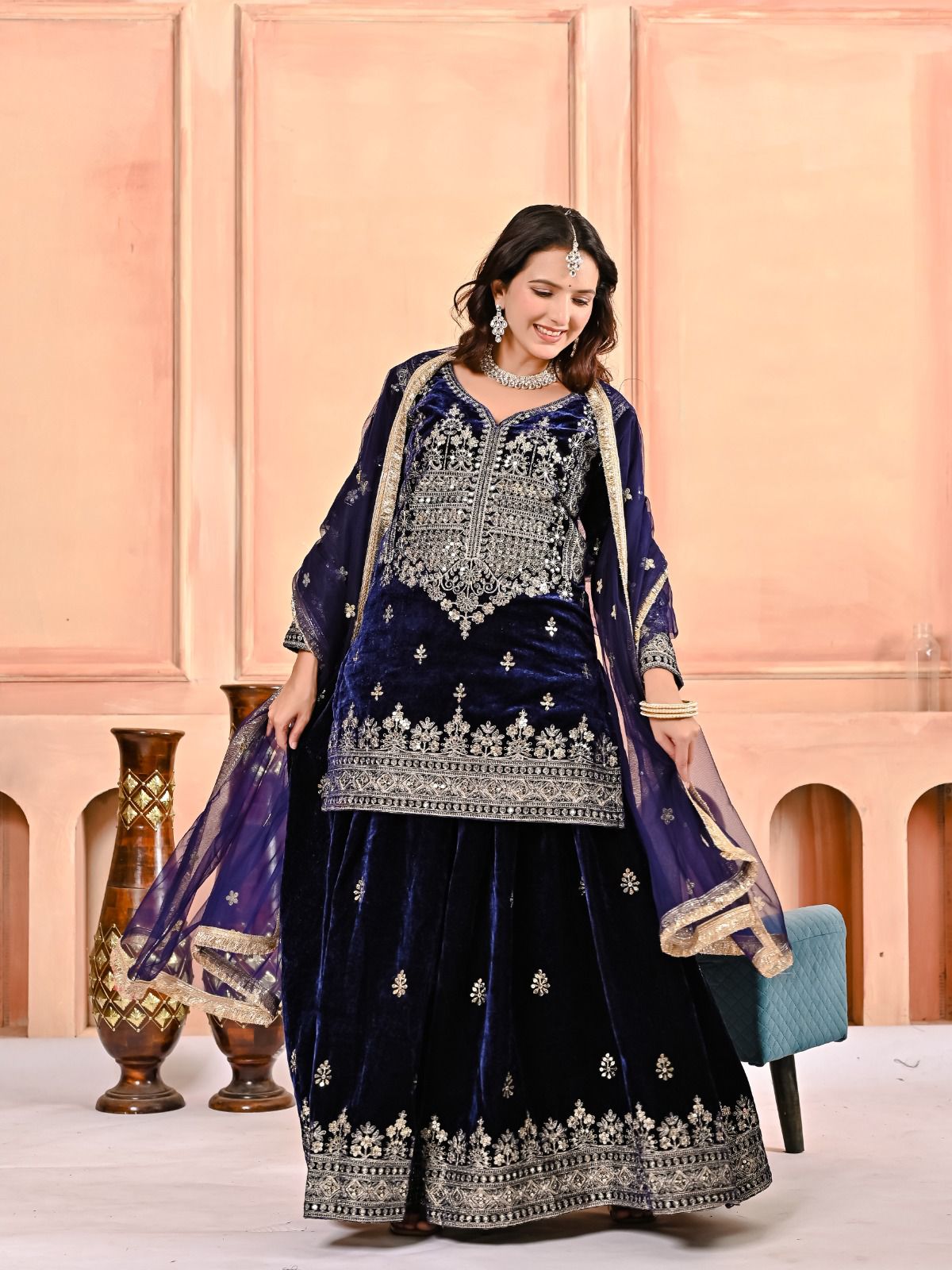 Luxury Designer Velvet Party Wear Sharara Palazzo Set for Women | Embroidery Sequin Work