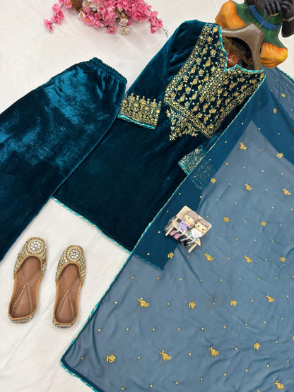 New Designer Premium Velvet Kurti Plazzo Suit with Sequins & Zari Embroidery and Georgette Dupatta – Fully Stitched Festive Wear