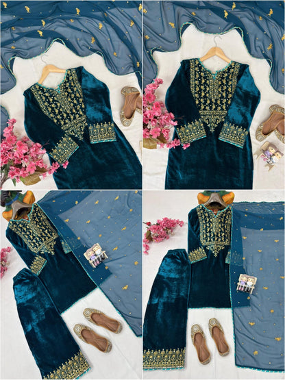 New Designer Premium Velvet Kurti Plazzo Suit with Sequins & Zari Embroidery and Georgette Dupatta – Fully Stitched Festive Wear