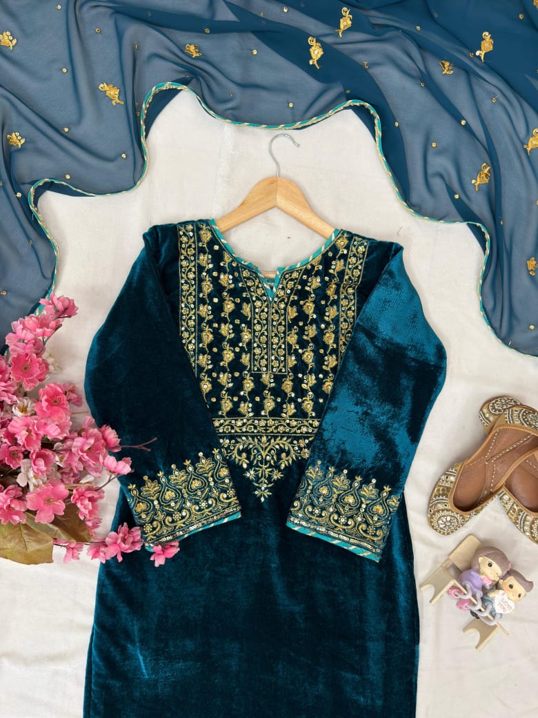New Designer Premium Velvet Kurti Plazzo Suit with Sequins & Zari Embroidery and Georgette Dupatta – Fully Stitched Festive Wear