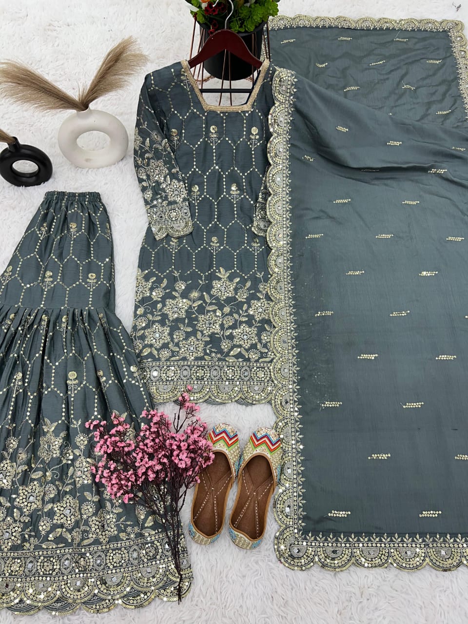 Premium Chinnon Silk Sharara Set – Fully Stitched | Embroidered Top, Sharara & Dupatta