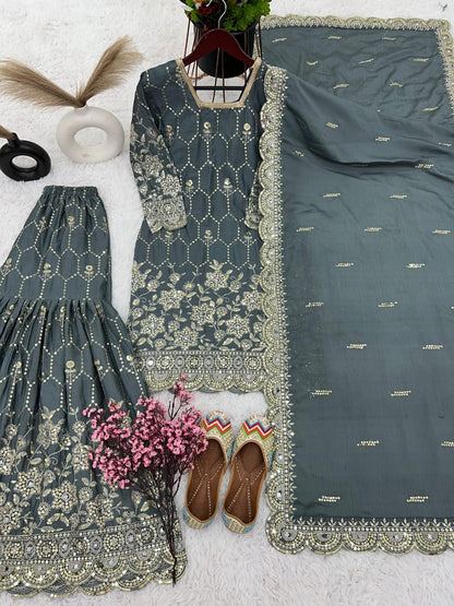 Premium Chinnon Silk Sharara Set – Fully Stitched | Embroidered Top, Sharara & Dupatta