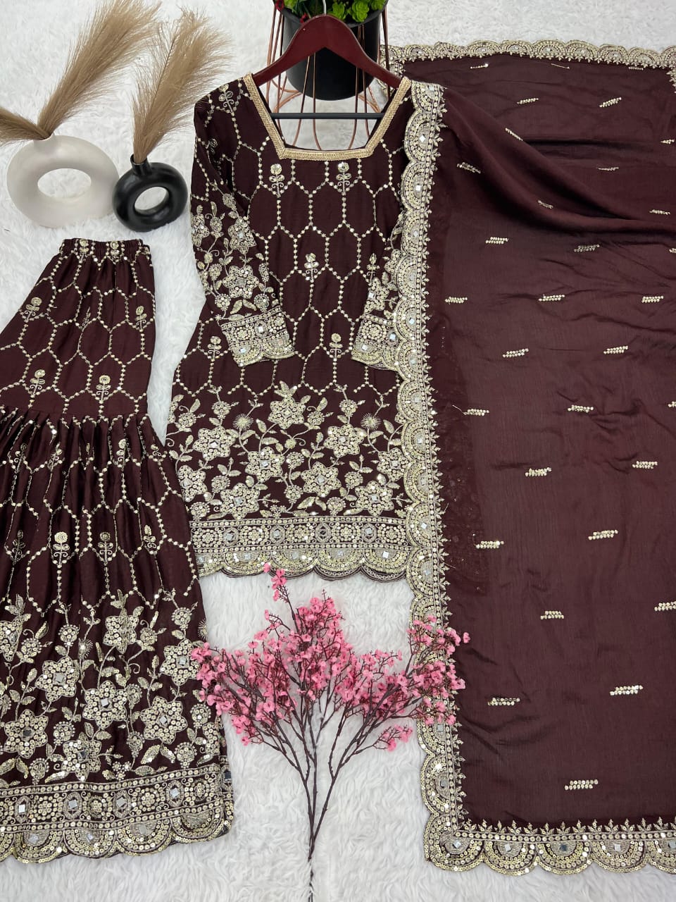Premium Chinnon Silk Sharara Set – Fully Stitched | Embroidered Top, Sharara & Dupatta