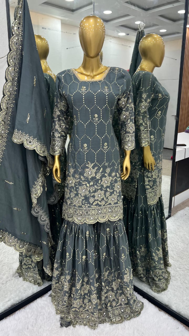 Premium Chinnon Silk Sharara Set – Fully Stitched | Embroidered Top, Sharara & Dupatta