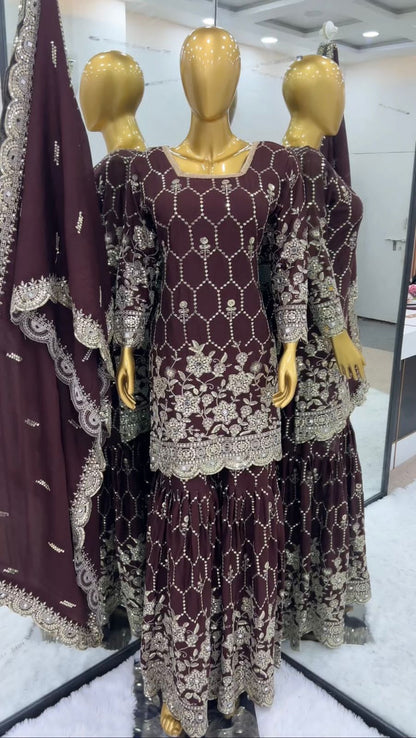 Premium Chinnon Silk Sharara Set – Fully Stitched | Embroidered Top, Sharara & Dupatta