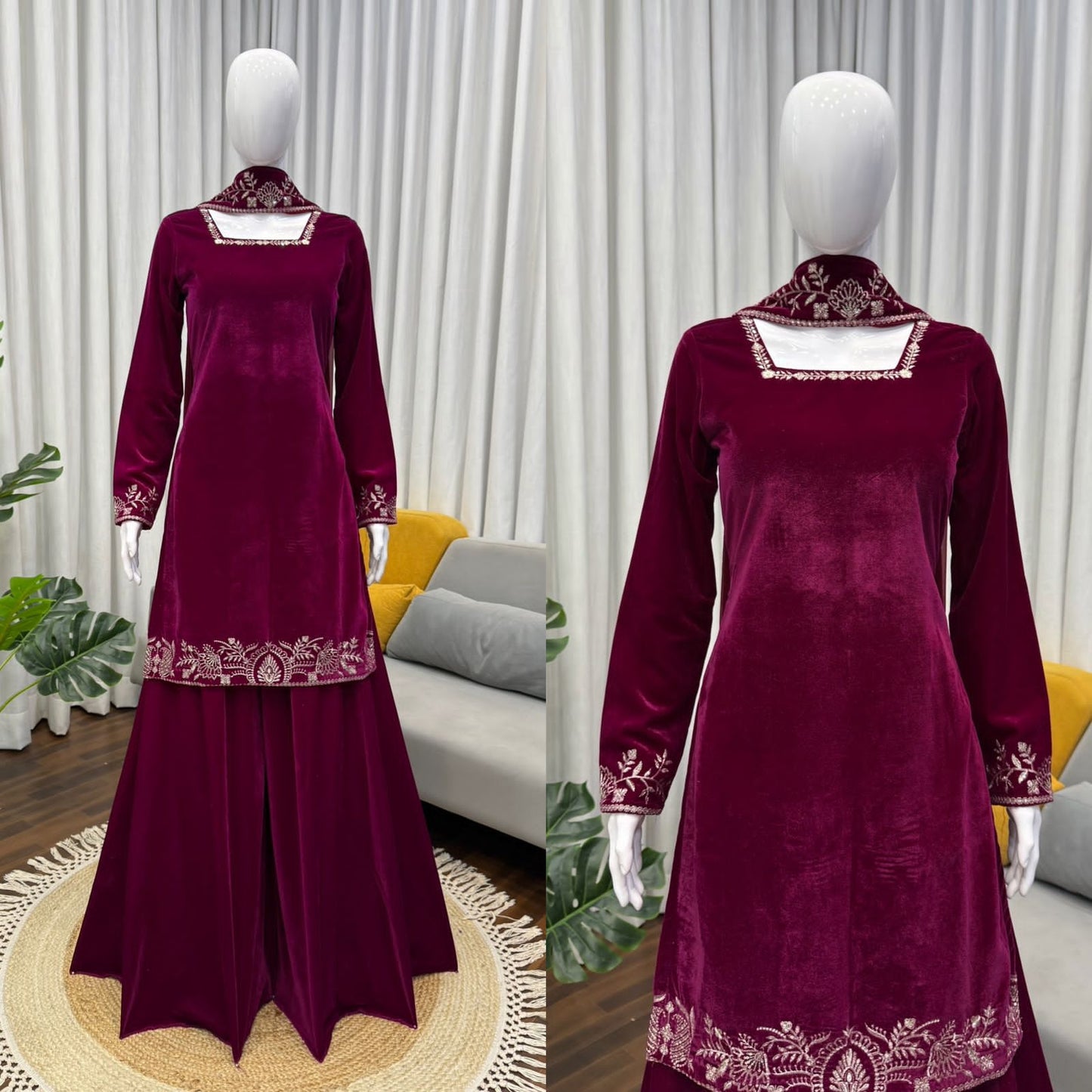 Maroon velvet dress with white embroidery on a mannequin against a neutral background