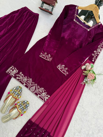 Designer Heavy Viscose Velvet Embroidered Sharara Set with Georgette Dupatta for Women (Fully Stitched, Wedding & Festive Wear)