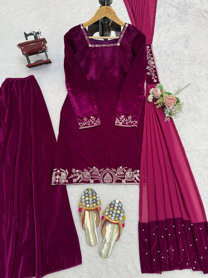 Designer Heavy Viscose Velvet Embroidered Sharara Set with Georgette Dupatta for Women (Fully Stitched, Wedding & Festive Wear)