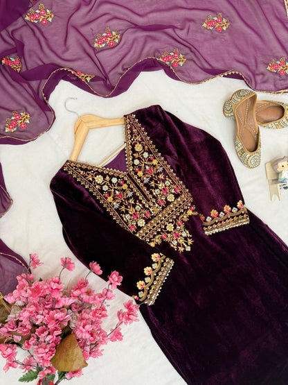 New Designer Velvet Kurti Palazzo Set with Dupatta | 5mm Sequins & Zari Embroidery | Ready-to-Wear Festive Ethnic Wear for Women