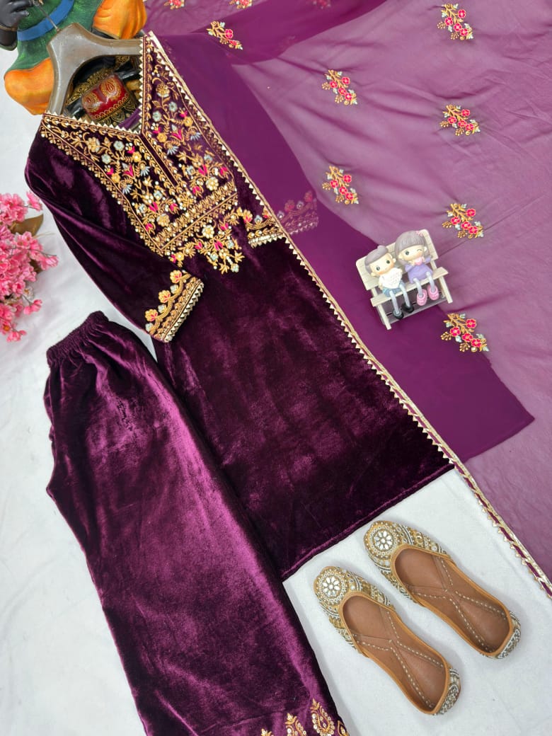 New Designer Velvet Kurti Palazzo Set with Dupatta | 5mm Sequins & Zari Embroidery | Ready-to-Wear Festive Ethnic Wear for Women