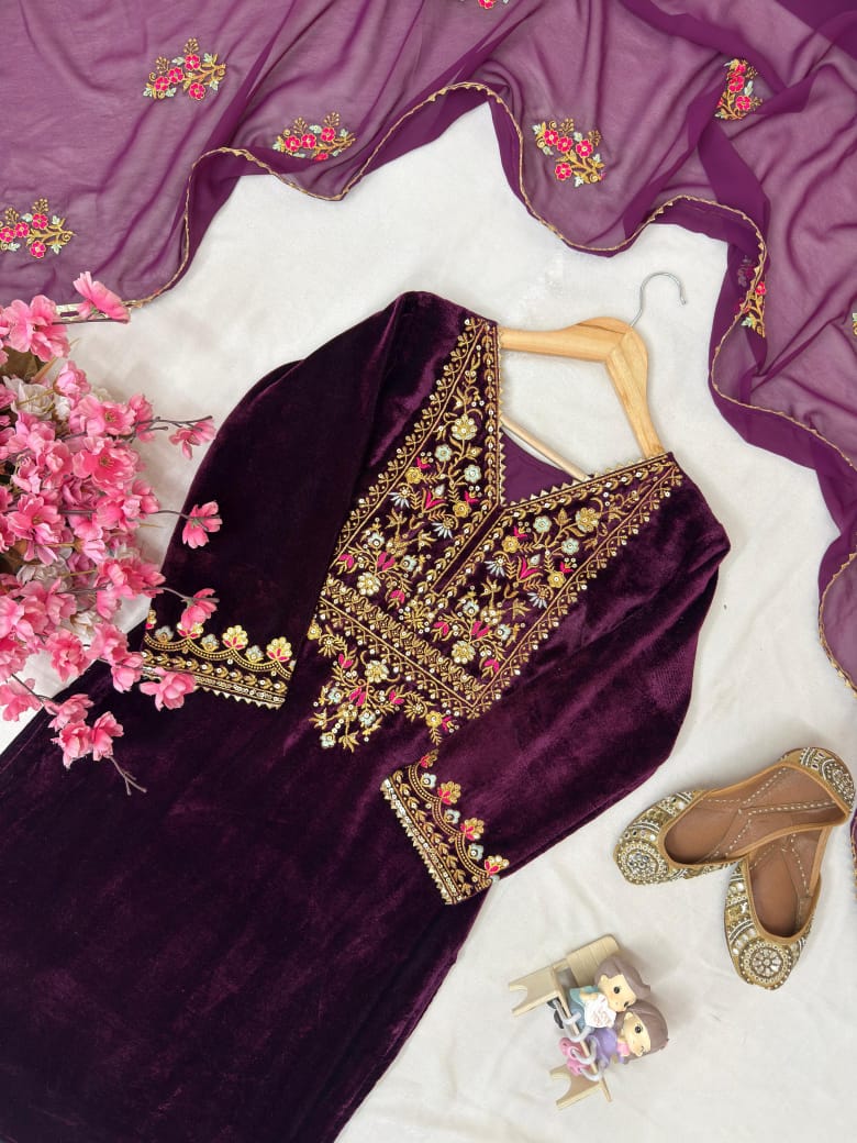 New Designer Velvet Kurti Palazzo Set with Dupatta | 5mm Sequins & Zari Embroidery | Ready-to-Wear Festive Ethnic Wear for Women