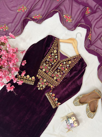 New Designer Velvet Kurti Palazzo Set with Dupatta | 5mm Sequins & Zari Embroidery | Ready-to-Wear Festive Ethnic Wear for Women