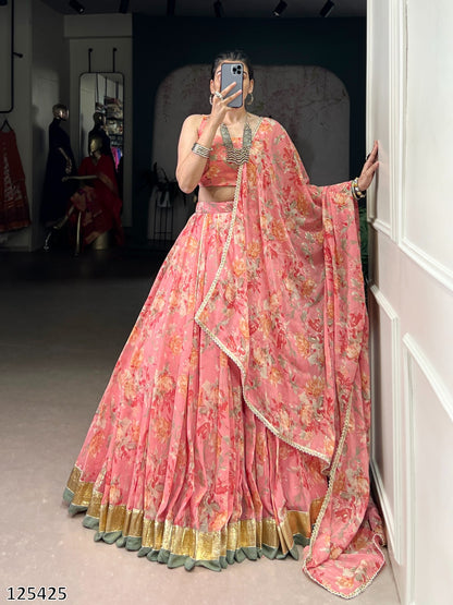 Floral Chiffon Lehenga Choli Set with Foil Print & Gotta Patti