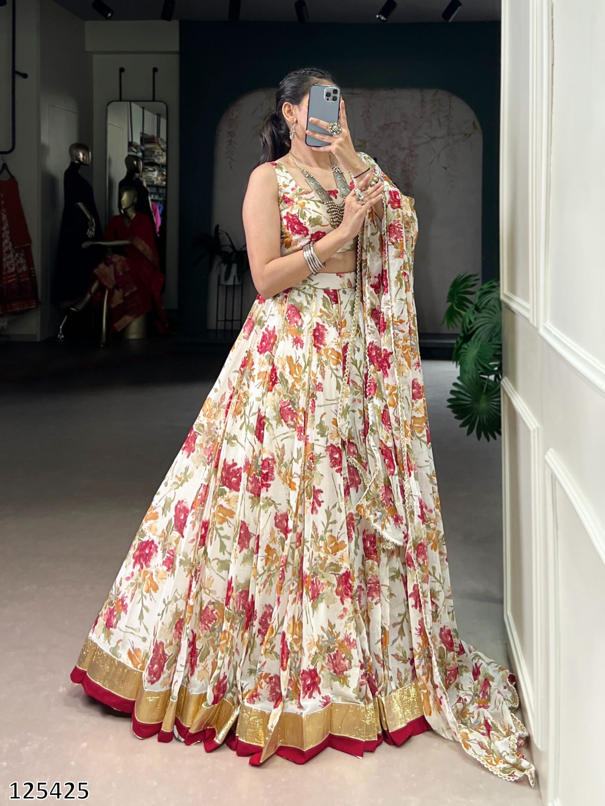 Floral Chiffon Lehenga Choli Set with Foil Print & Gotta Patti