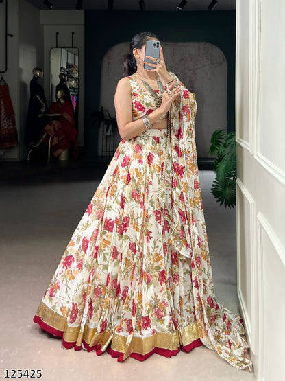 Floral Chiffon Lehenga Choli Set with Foil Print & Gotta Patti