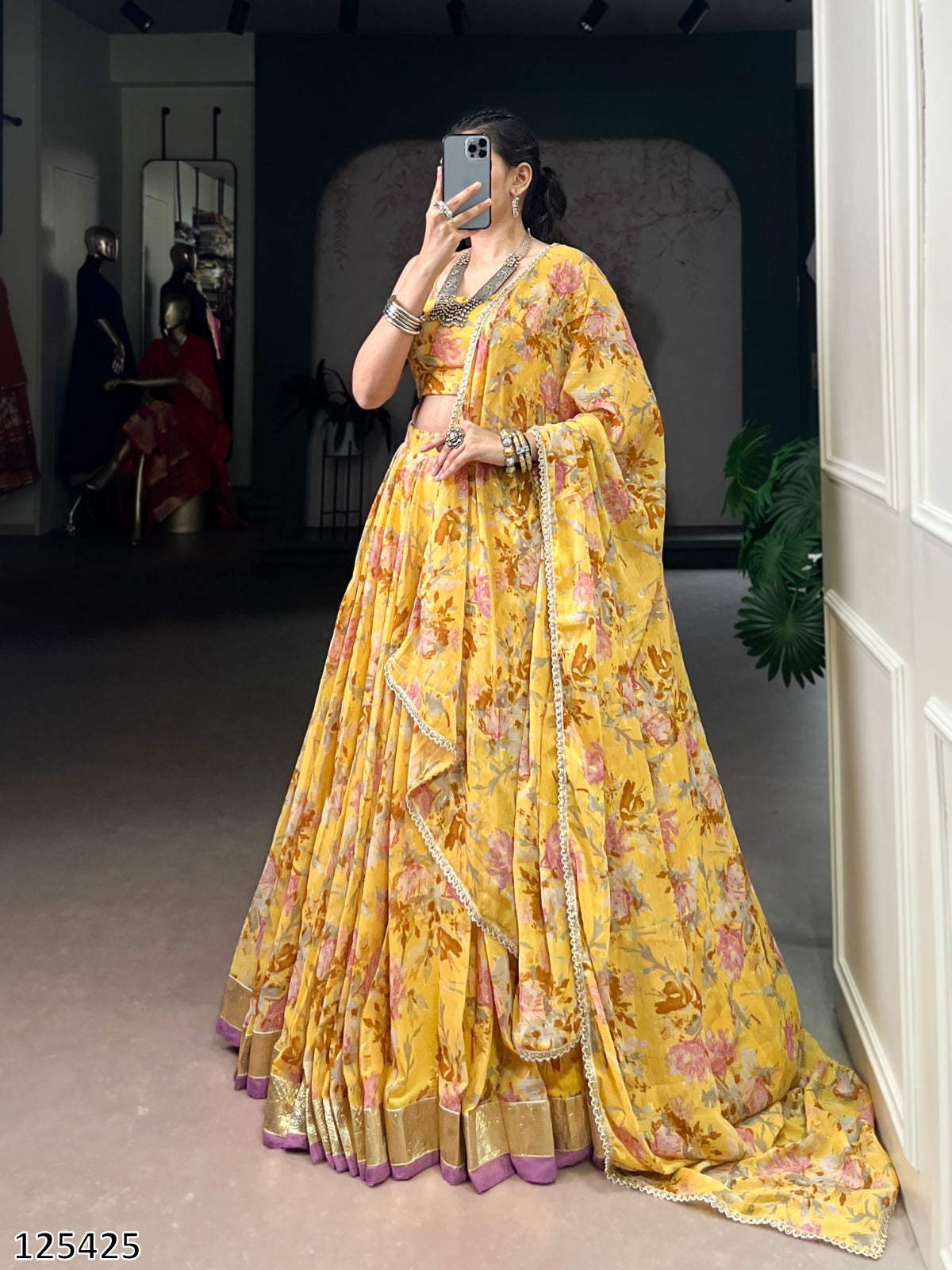 Floral Chiffon Lehenga Choli Set with Foil Print & Gotta Patti