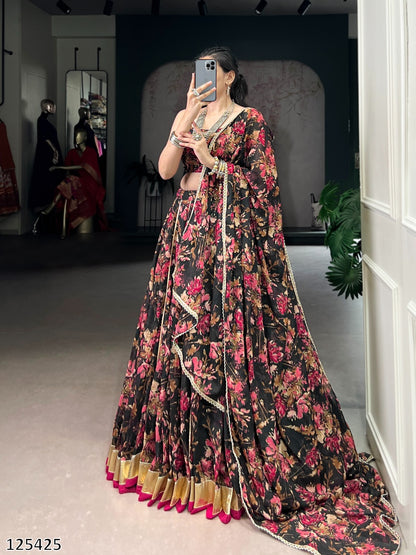 Floral Chiffon Lehenga Choli Set with Foil Print & Gotta Patti
